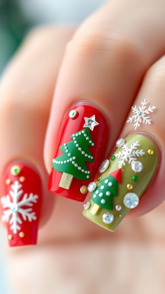 Close-up of 3D Christmas nail designs with snowflakes, trees, and rhinestones in festive colors.